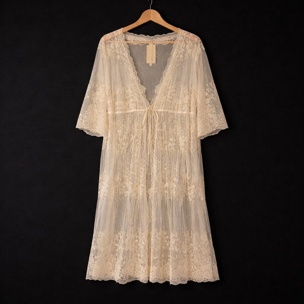 Open Lace Ivory Sheer Mesh Tie Kimono Top Size M/L Boho Gypsy Whimsy Country